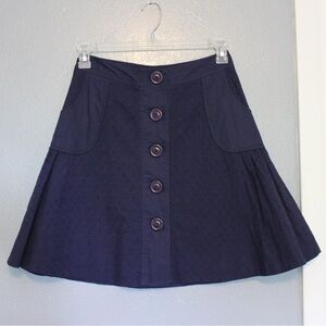Odille Anthropologie Navy Blue Button Front Eyelet A Line Skirt 2